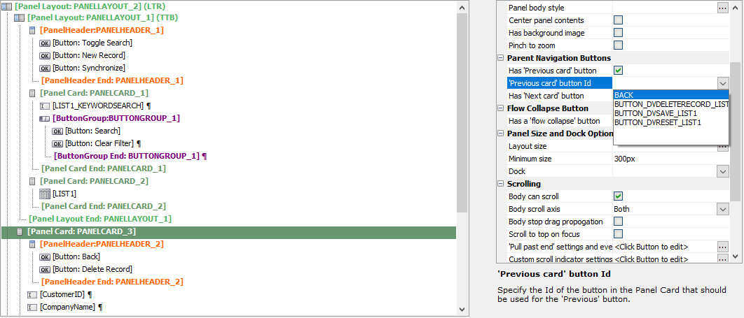 Setting the 'Previous card' button ID to BACK.